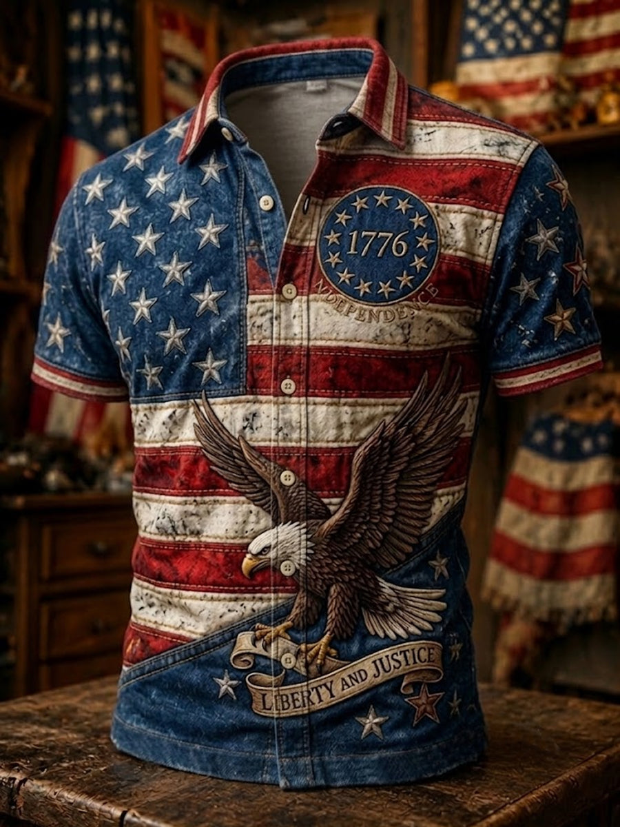 Men' Independence Day USA Flag Print Casual Short Sleeve Shirt
