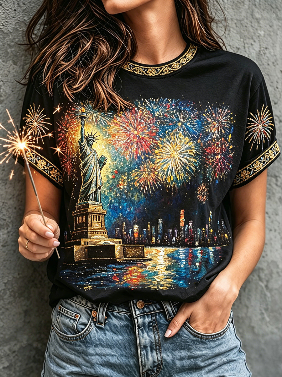 Women's 4th of July Freedom American Art Printed Linen T-shirt