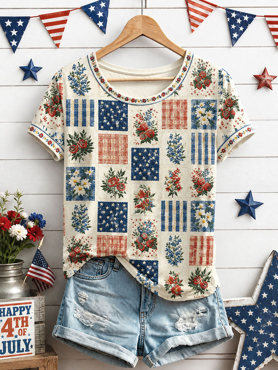 Women's Independence Day Floral Art Print Casual T-Shirt