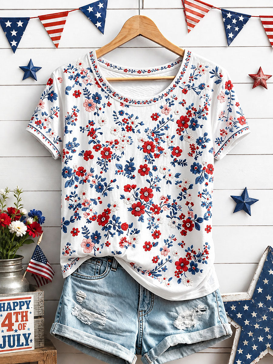Women's Independence Day Floral Art Print Casual T-Shirt