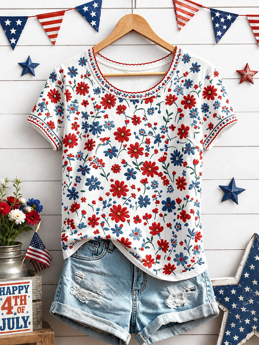 Women's Independence Day Floral Art Print Casual T-Shirt