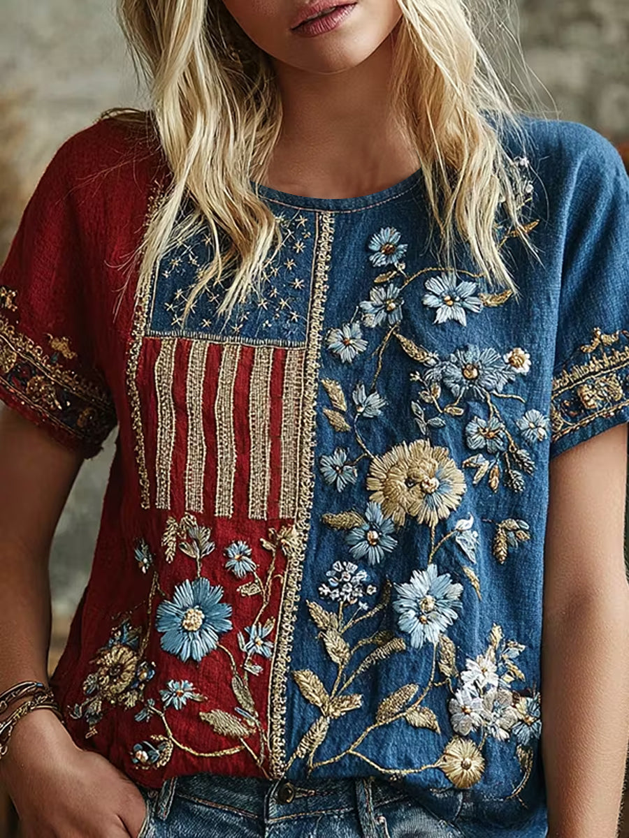 Women's America Floral Print Casual T-Shirt