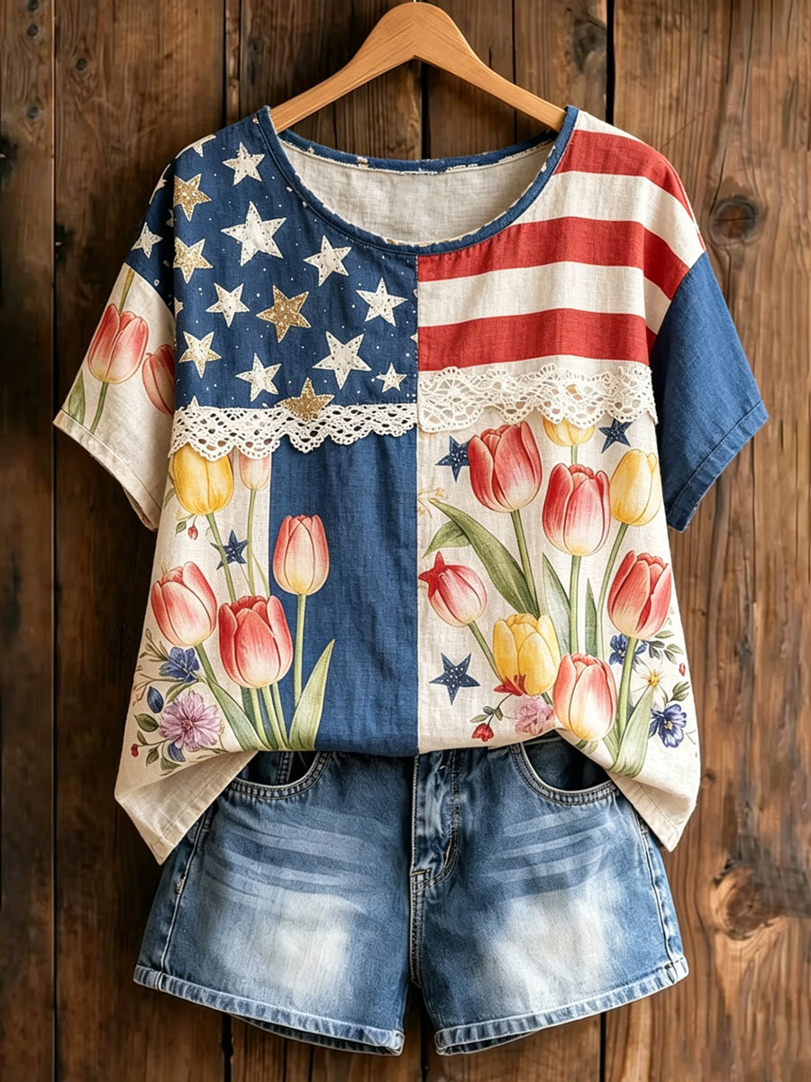 Women's America Floral Print Casual T-Shirt
