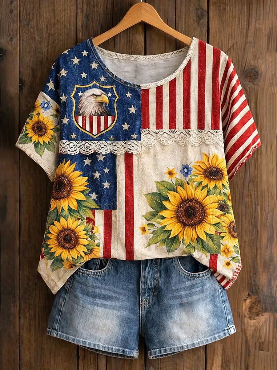 Women's America Floral Print Casual T-Shirt