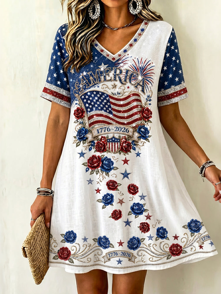 Women's America 1776-2026 Flag & Roses Print Short Sleeve Mini Dress