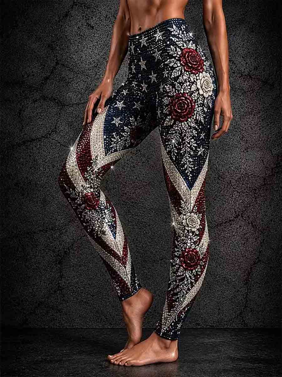 Women's Independence Day American Flag Stripes Art Print Leggings