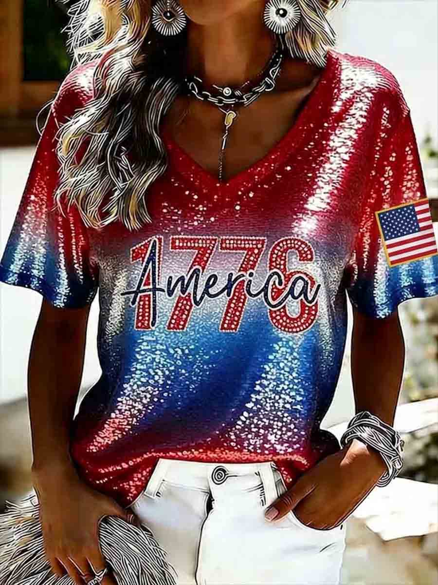 Women's Independence Day Red White Blue American Flag Art Print V-neck T-shirt