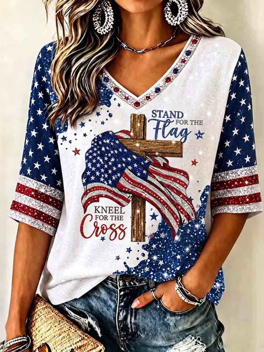 Women's Independence Day Faith Flag Art Print  V-Neck T-Shirt
