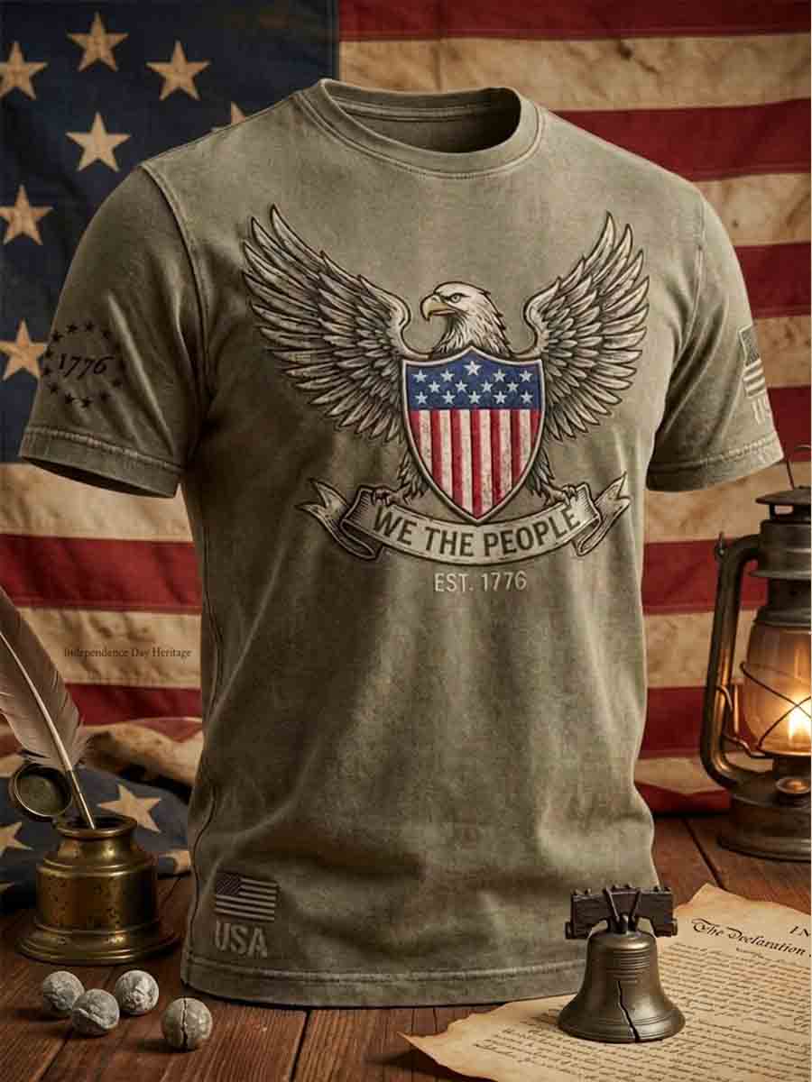 Men's Vintage Independence Day American Flag Eagle Print Casual Short Sleeve T-shirt