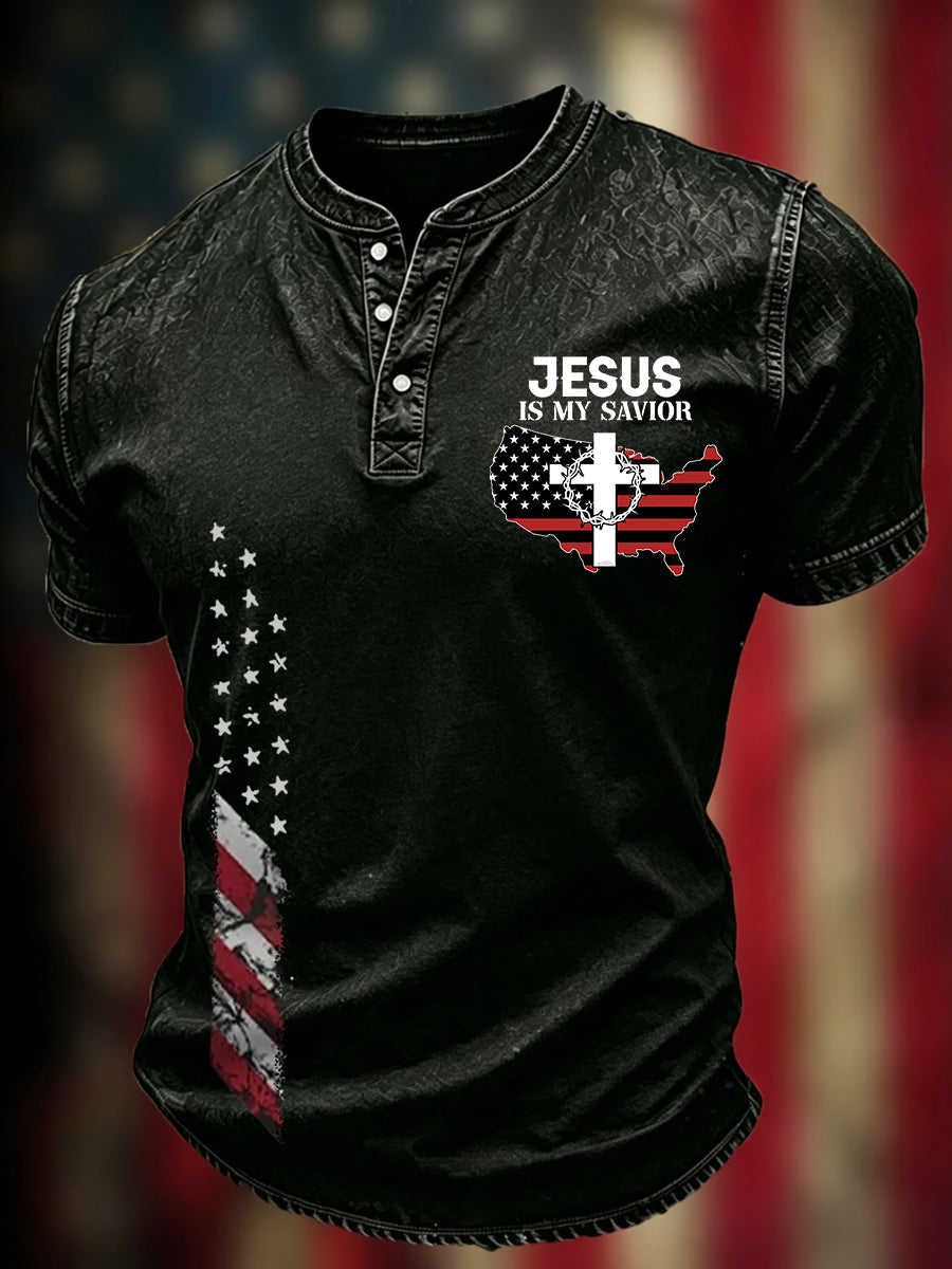 Men's Independence Day USA Flag Jesus Is My Savior Print Casual Patriotic Tee