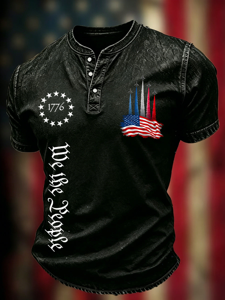 Men's Independence Day USA Flag Jet Print Casual Patriotic Tee