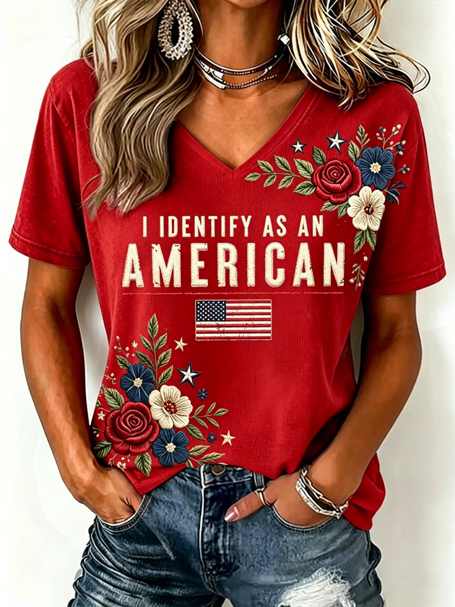 American Flag & Floral Embroidered Patriotic V-Neck Shirt