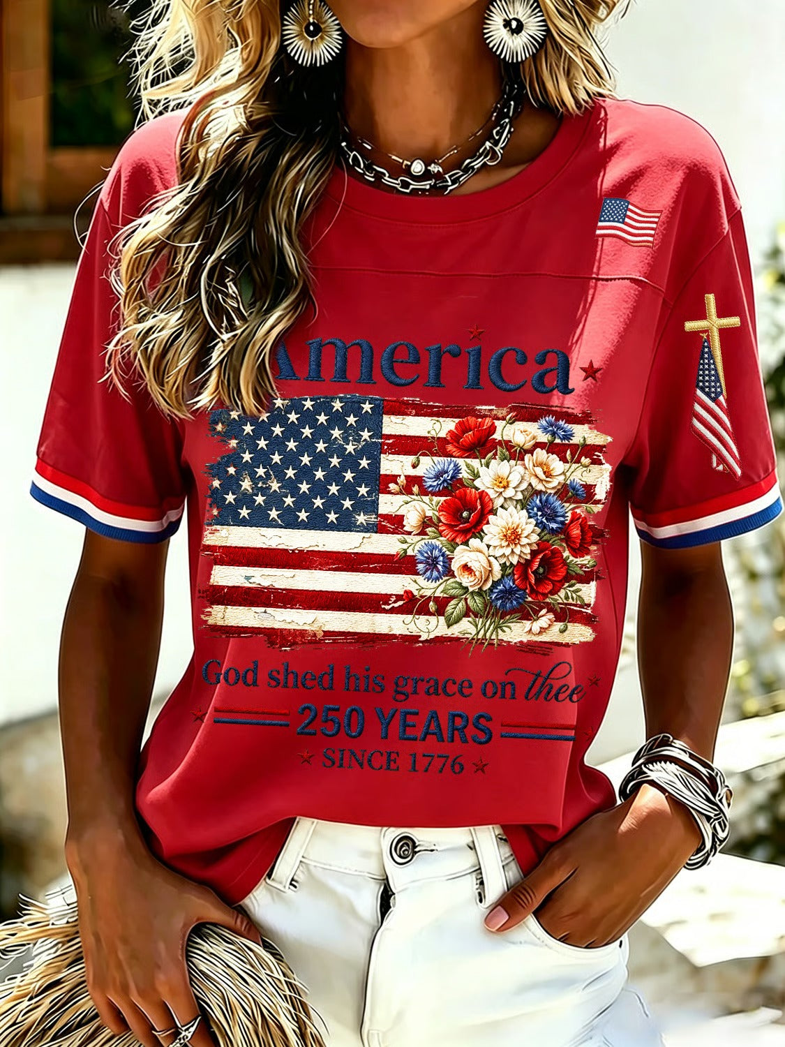 🔥Buy 3 Get 10% OFF 🔥Women's 250th Anniversary Print V-Neck Top