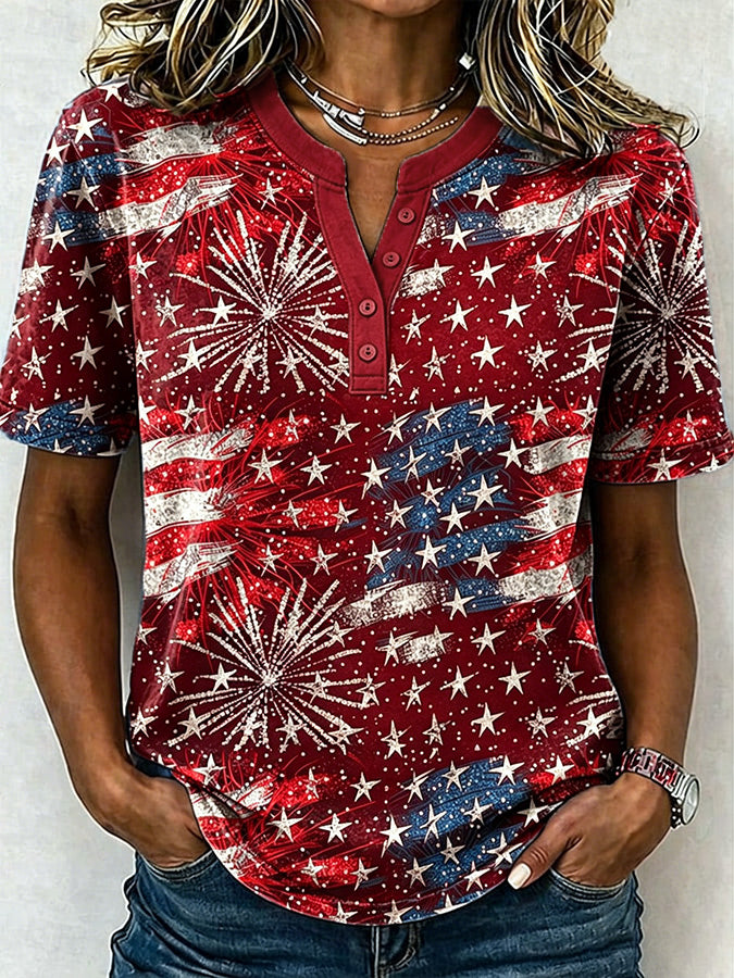 🔥Buy 3 Get 10% OFF 🔥Female Leisure Patriotic Fireworks Flag Button T-Shirt