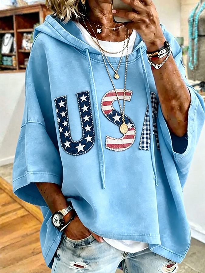 🔥Buy 3 Get 10% OFF 🔥Patriotic Red USA Star Stripe Applique Oversized Hoodie