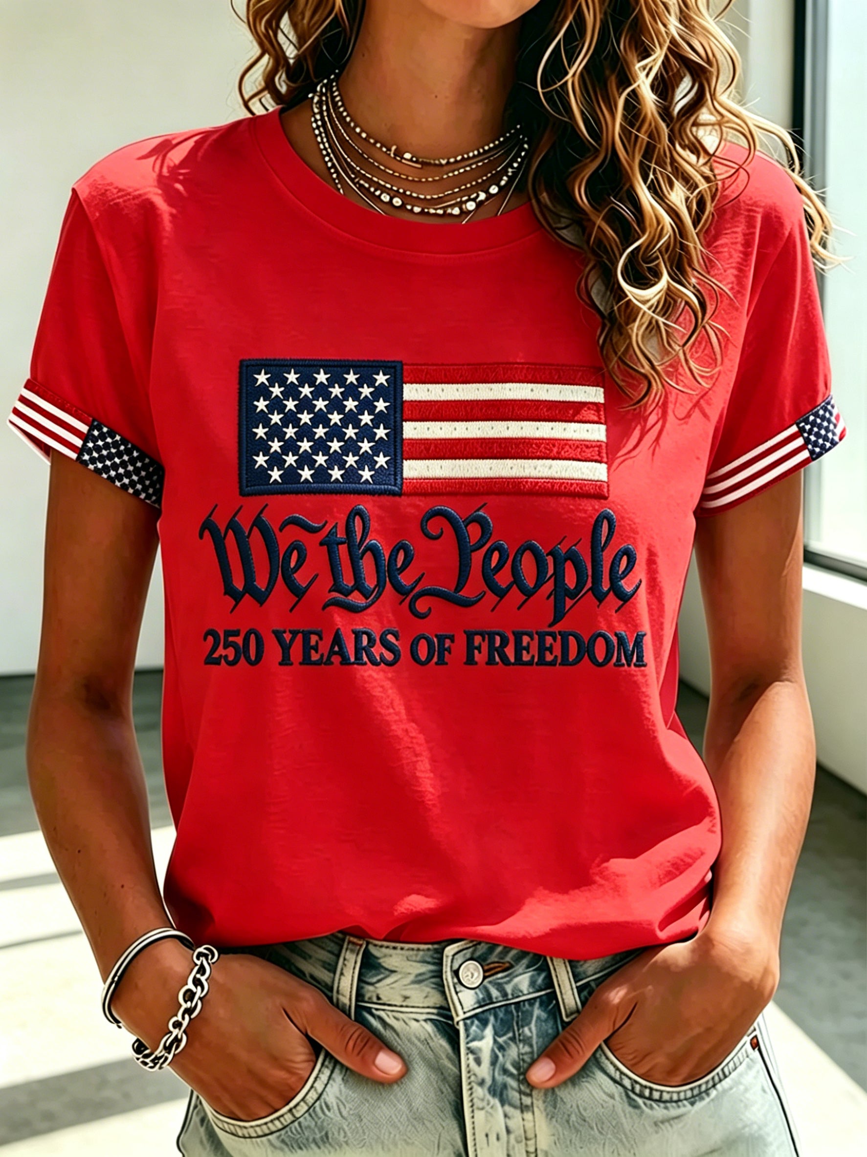 Women'S Casual 250 Commemorative Printed Embroidered Round Neck Short Sleeved T-Shirt