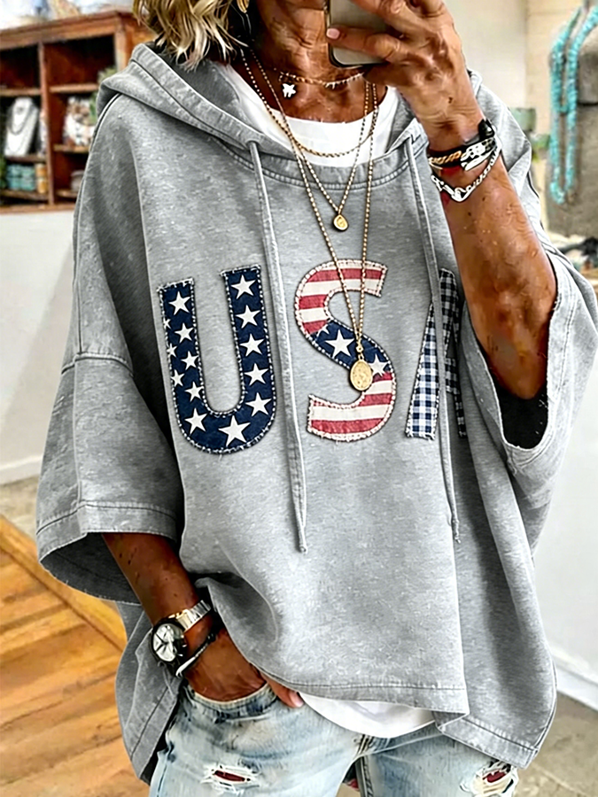 🔥Buy 3 Get 10% OFF 🔥Patriotic Red USA Star Stripe Applique Oversized Hoodie