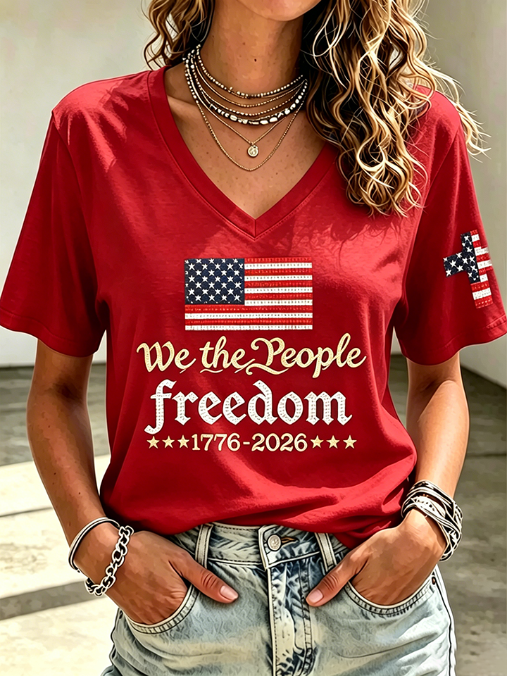 Ladies' Casual American 250Th Anniversary Commemorative Sequin Personalized Print V-Neck T-Shirt