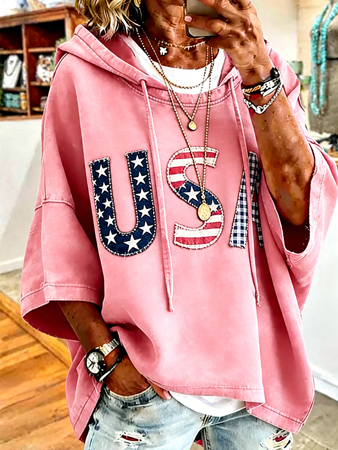 🔥Buy 3 Get 10% OFF 🔥Patriotic Red USA Star Stripe Applique Oversized Hoodie