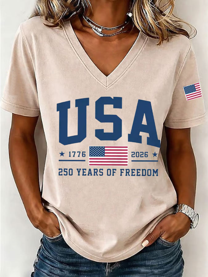🔥Buy 3 Get 10% OFF 🔥Women'S America Flag Floral Print Casual V-Neck T-Shirt