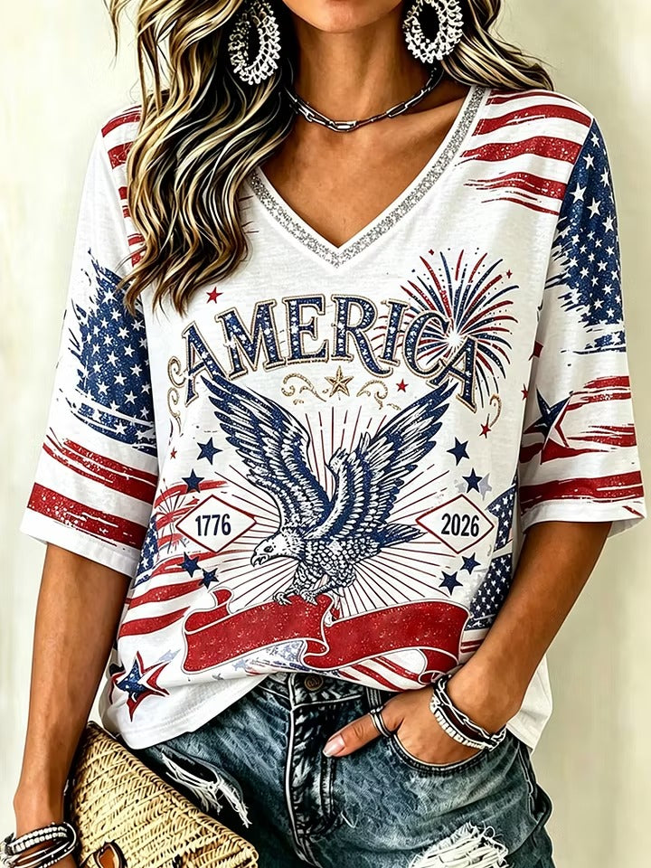 Women's Casual American Flag Print Sequeined V-Neck T-Shirt