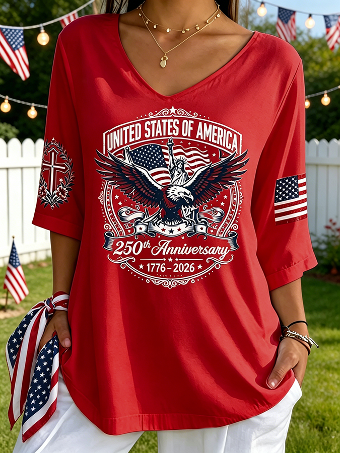 Women's 250th Anniversary USA Eagle&Flag V-Neck Blouse