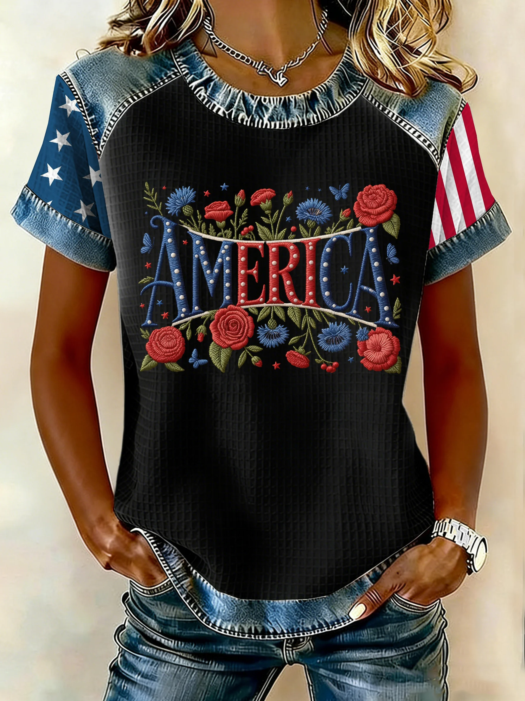 Women's 250th Anniversary American Denim Print Casual Top