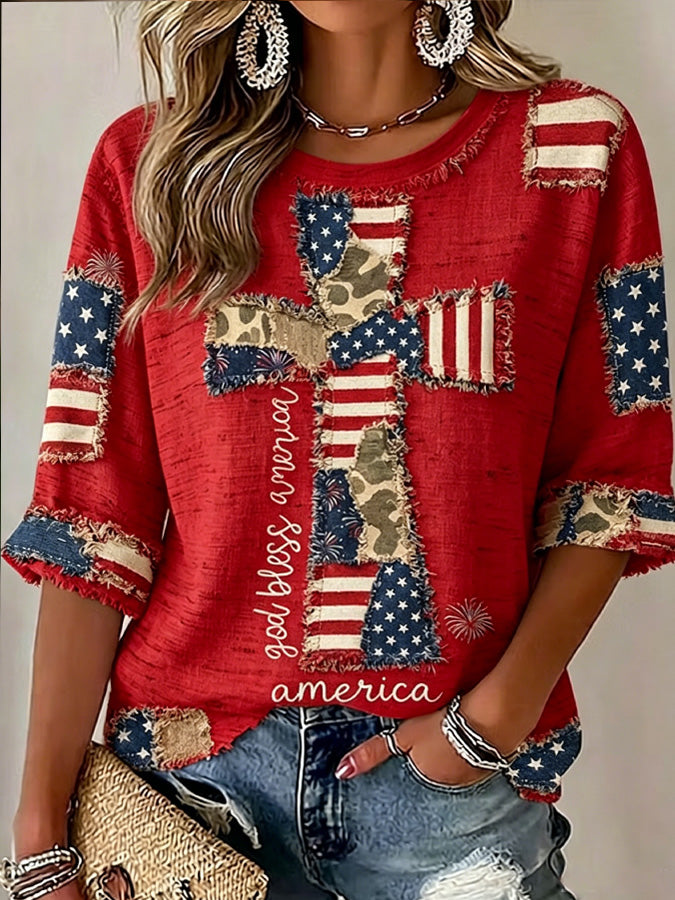 Women'S Flag, Faith, Art, Seven Quarter Sleeve Round Neck Linen Top