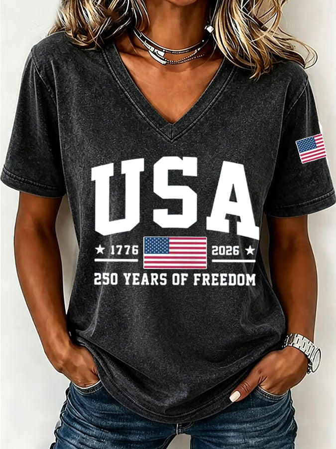 🔥Buy 3 Get 10% OFF 🔥Women'S America Flag Floral Print Casual V-Neck T-Shirt