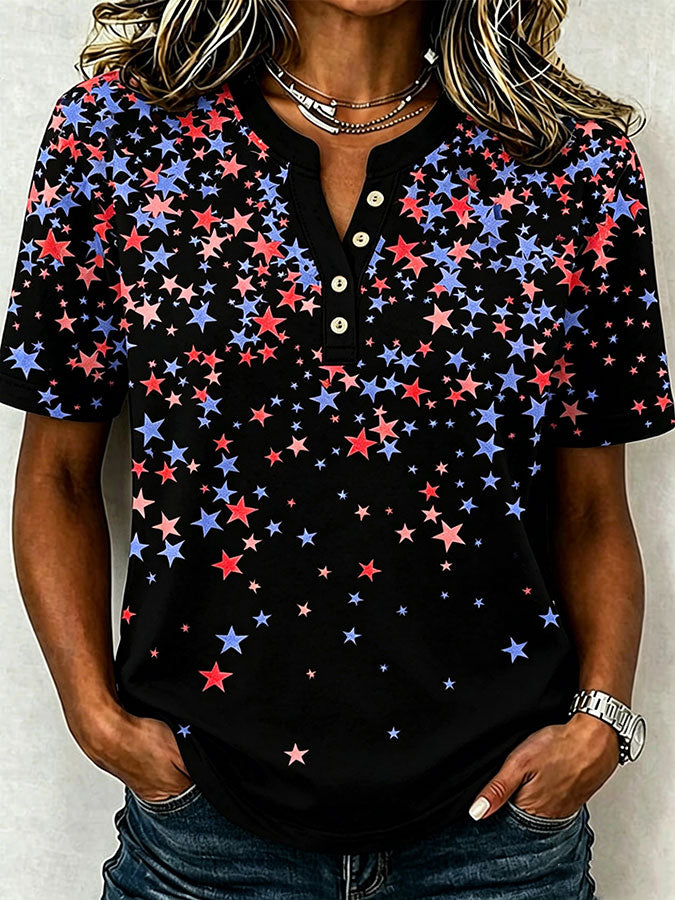 Female Leisure Patriotic Fireworks Flag Button T-Shirt