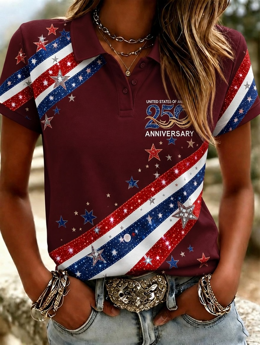 Women'S Casual American Independence Day Printed Polo Shirt Short Sleeved