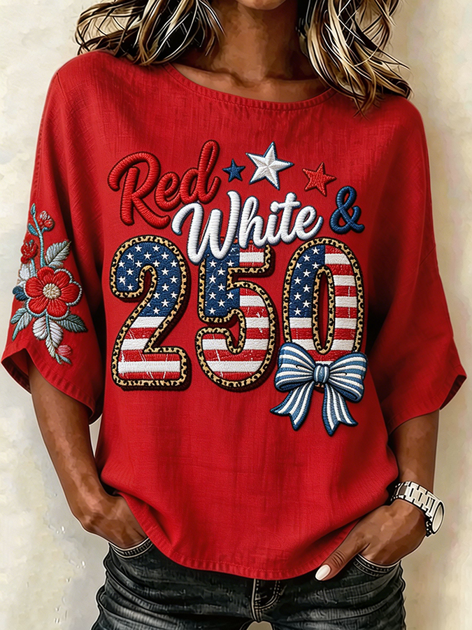 Women's Red White & 250 Floral Embroidered Linen Blend Top