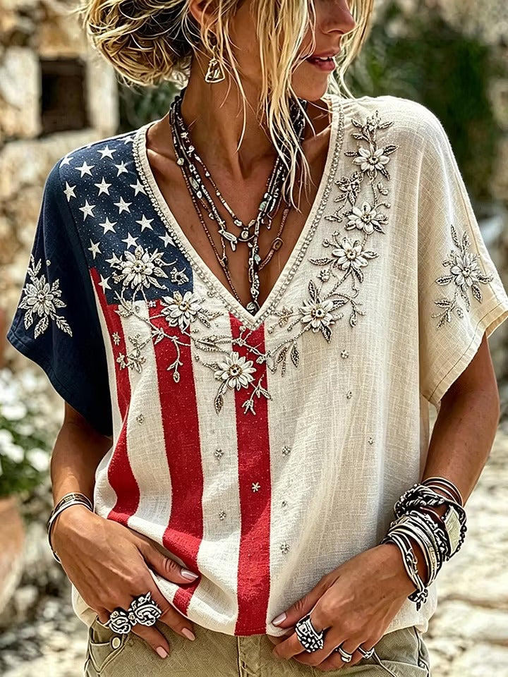 Women's Flag Floral Art Cotton Linen T-shirt