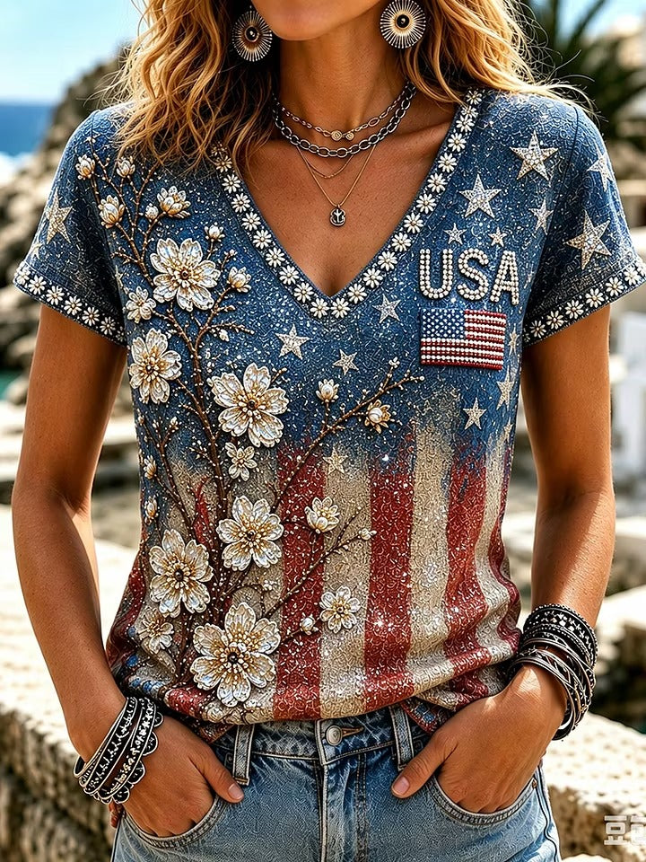 Ladies' Casual 250Th Anniversary Commemorative Sequin Floral Personalized Print V-Neck T-Shirt In The United States