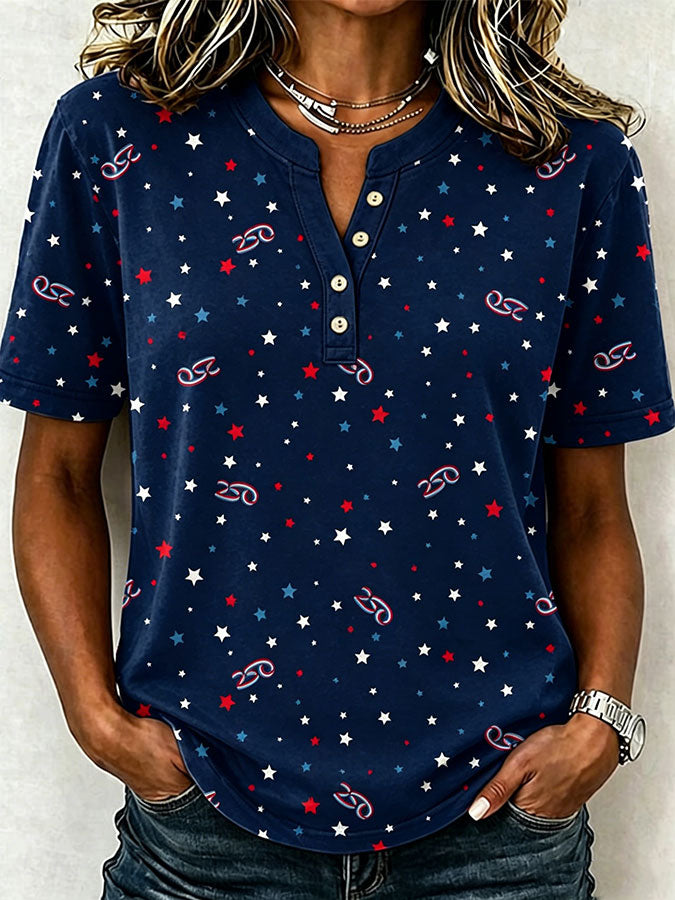 Female Leisure Patriotic Fireworks Flag Button T-Shirt