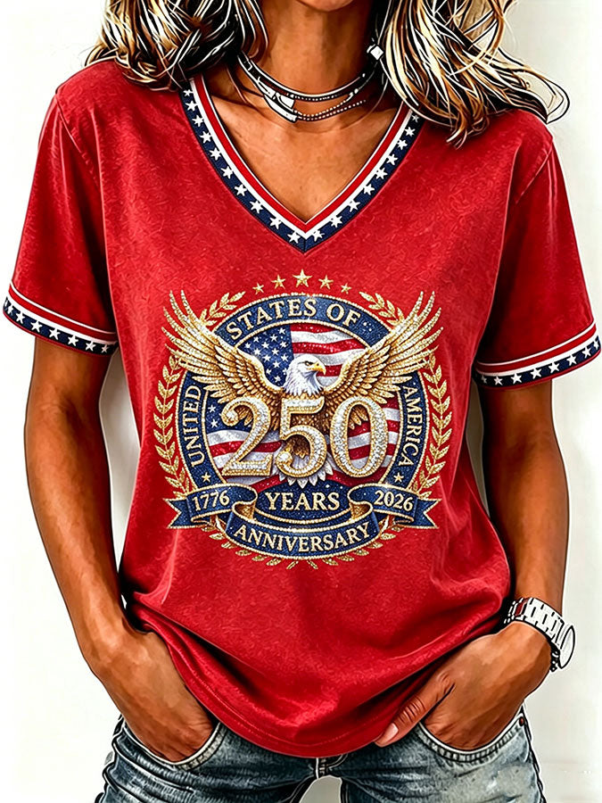 Women'S America Flag  Print Casual V-Neck T-Shirt