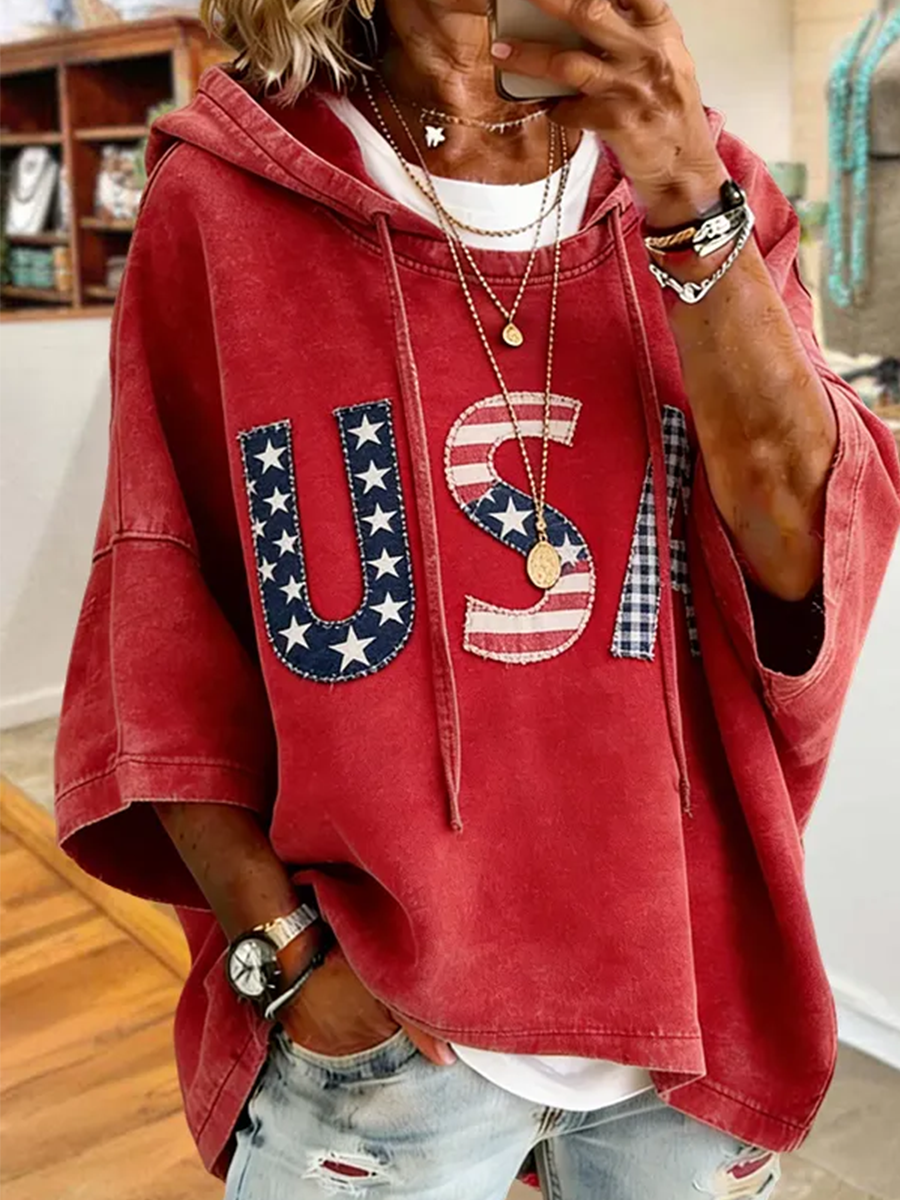 🔥Buy 3 Get 10% OFF 🔥Patriotic Red USA Star Stripe Applique Oversized Hoodie