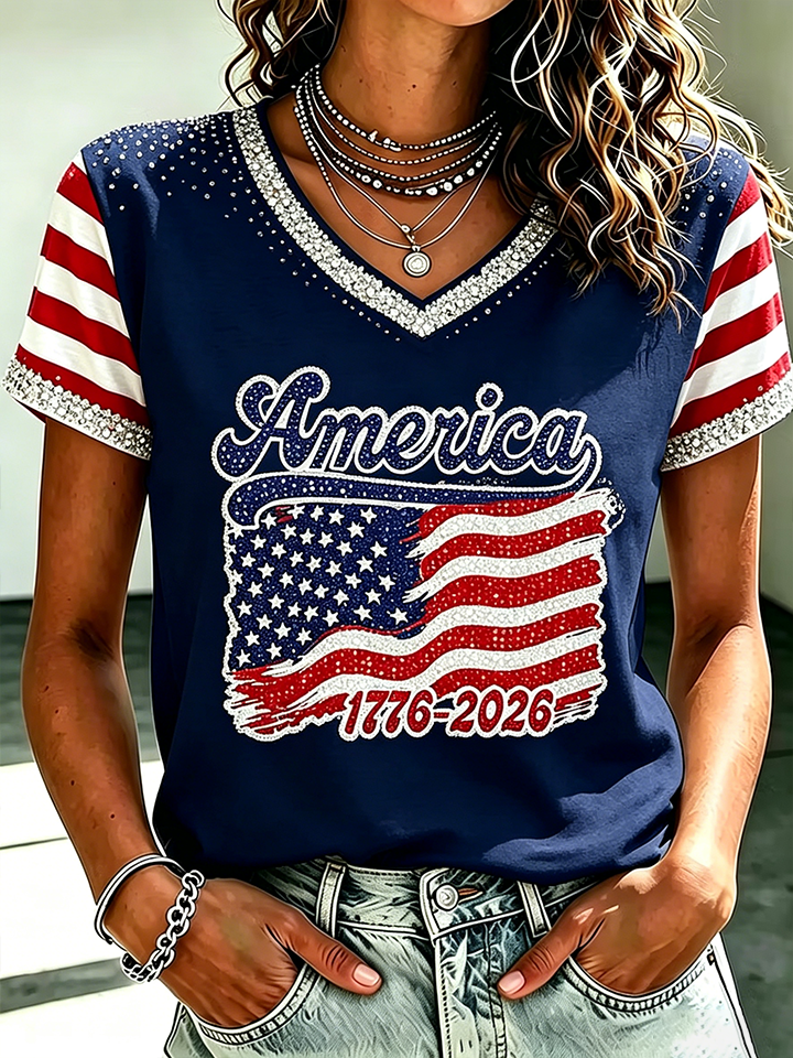 Ladies' Casual American 250Th Anniversary Commemorative Sequin Personalized Print V-Neck T-Shirt