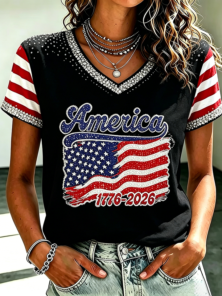 Ladies' Casual American 250Th Anniversary Commemorative Sequin Personalized Print V-Neck T-Shirt