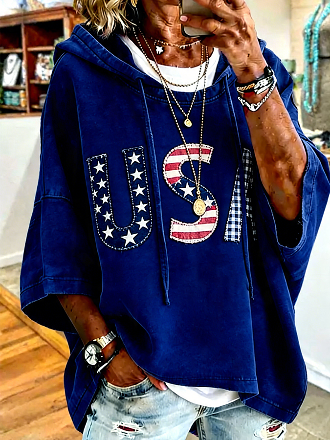 🔥Buy 3 Get 10% OFF 🔥Patriotic Red USA Star Stripe Applique Oversized Hoodie