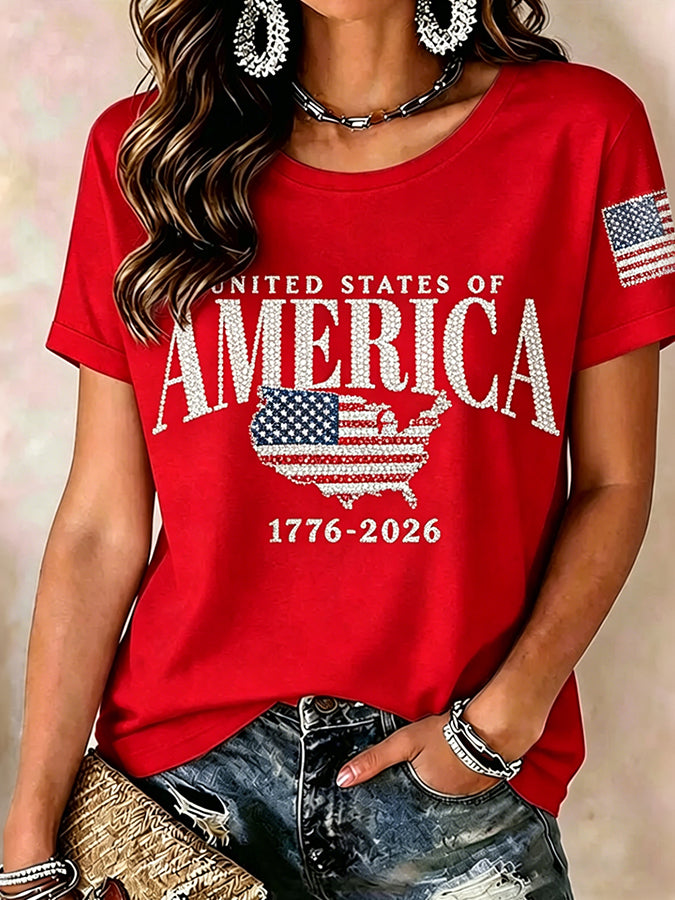 Women'S Anniversary Flag Hot Diamond Printed Casual T-Shirt