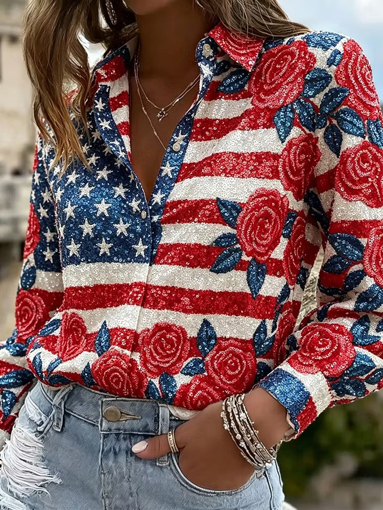 Women's Vintage American Flag Style Flower Art Comfortable Shirt