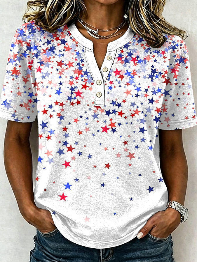 Female Leisure Patriotic Fireworks Flag Button T-Shirt