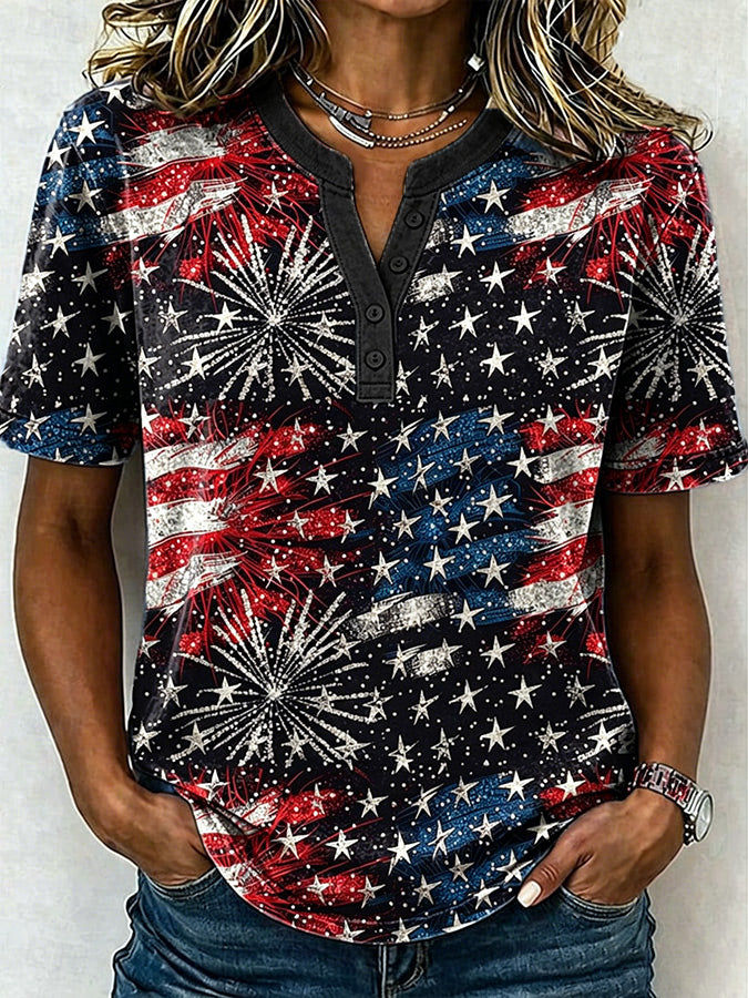 🔥Buy 3 Get 10% OFF 🔥Female Leisure Patriotic Fireworks Flag Button T-Shirt
