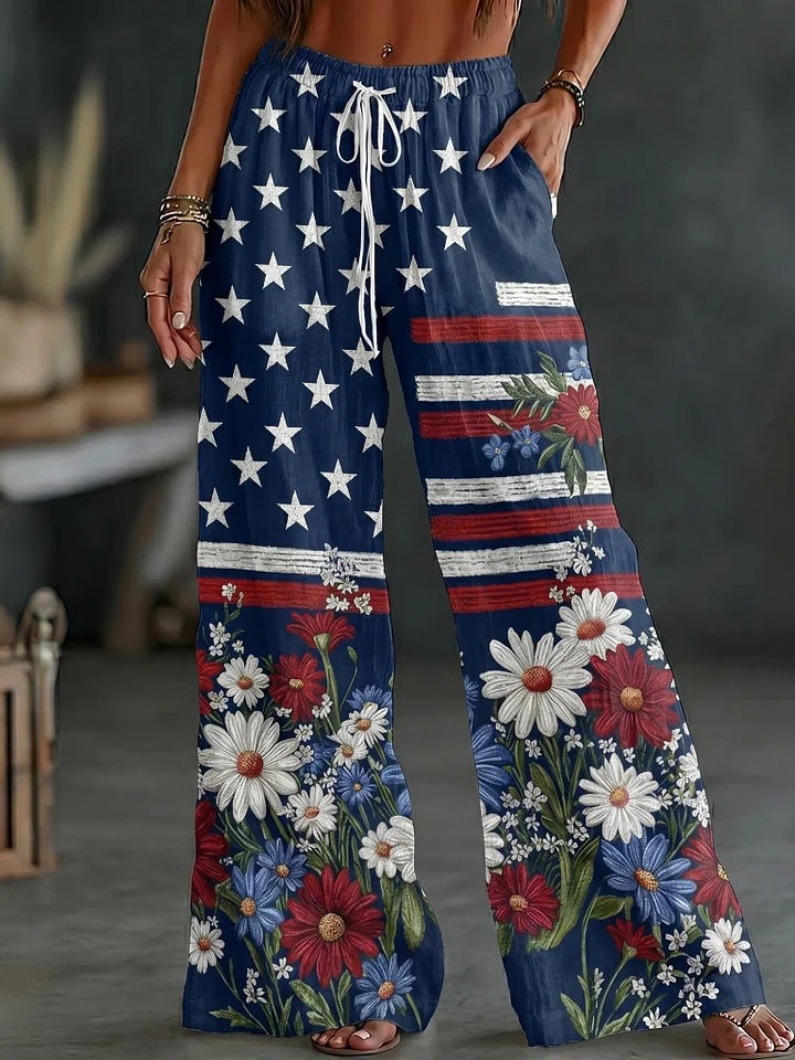 Women's Vintage Independence Day Flag Flower Art Print Wide Leg Linen Pants