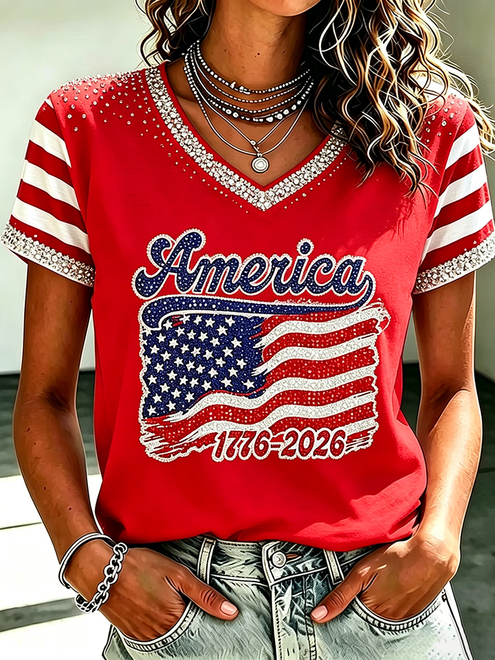 Ladies' Casual American 250Th Anniversary Commemorative Sequin Personalized Print V-Neck T-Shirt