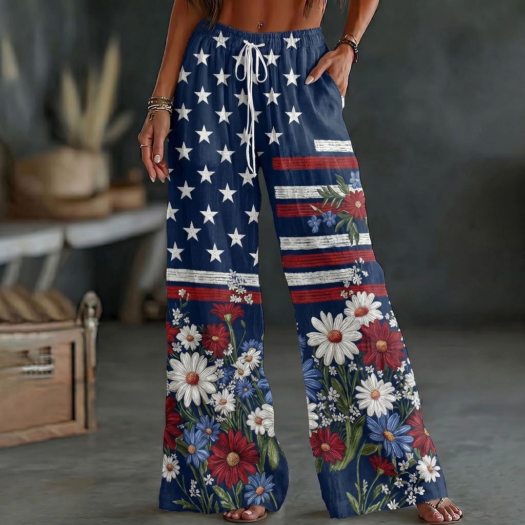 Women's Vintage Independence Day Flag Flower Art Print Wide Leg Linen Pants