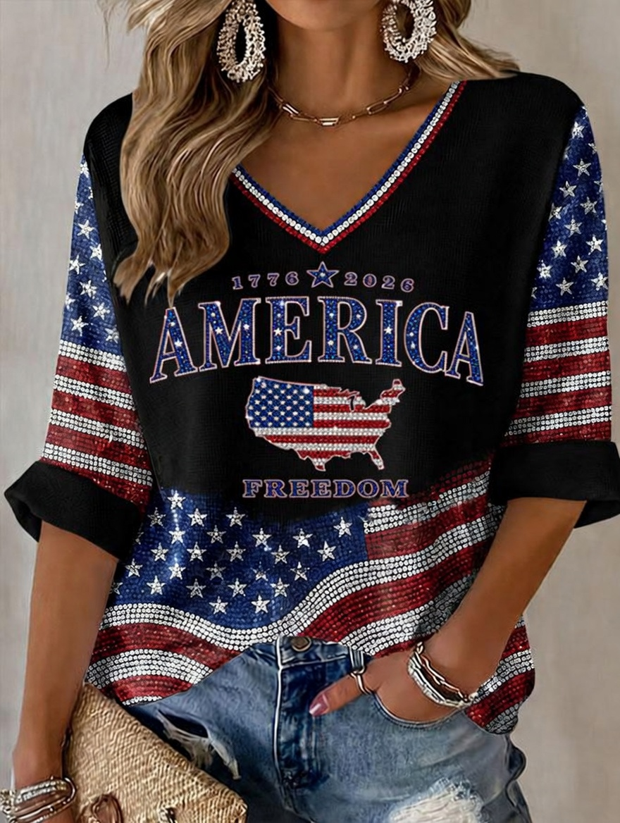 Women'S Retro Independence Day Art Printed Casual T-Shirt