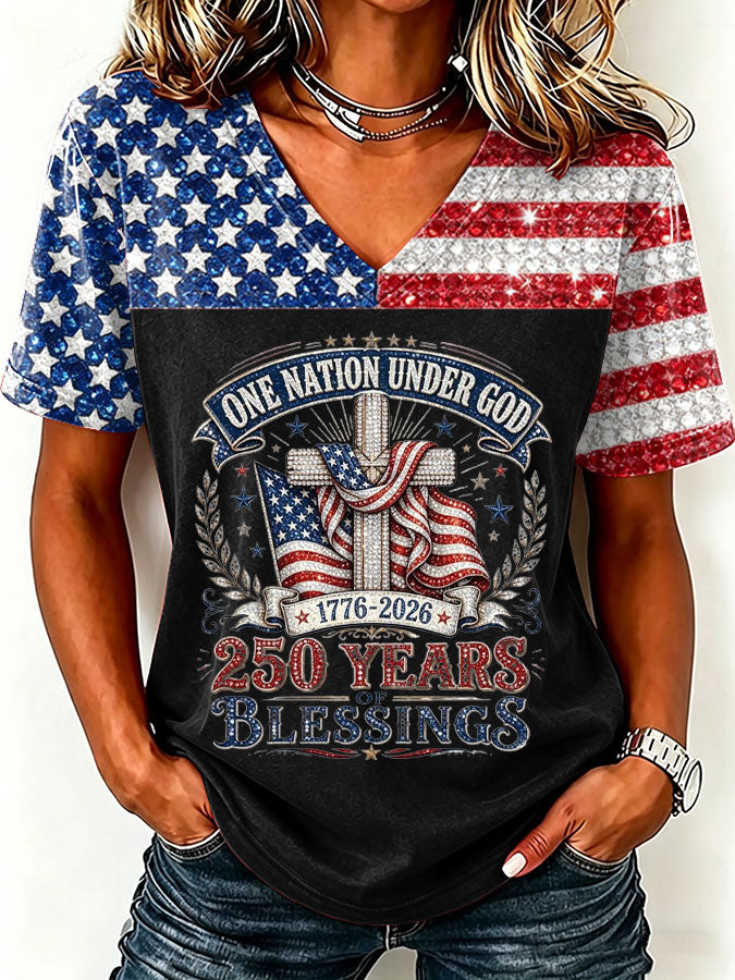 Women'S America Flag Print Casual V-Neck T-Shirt