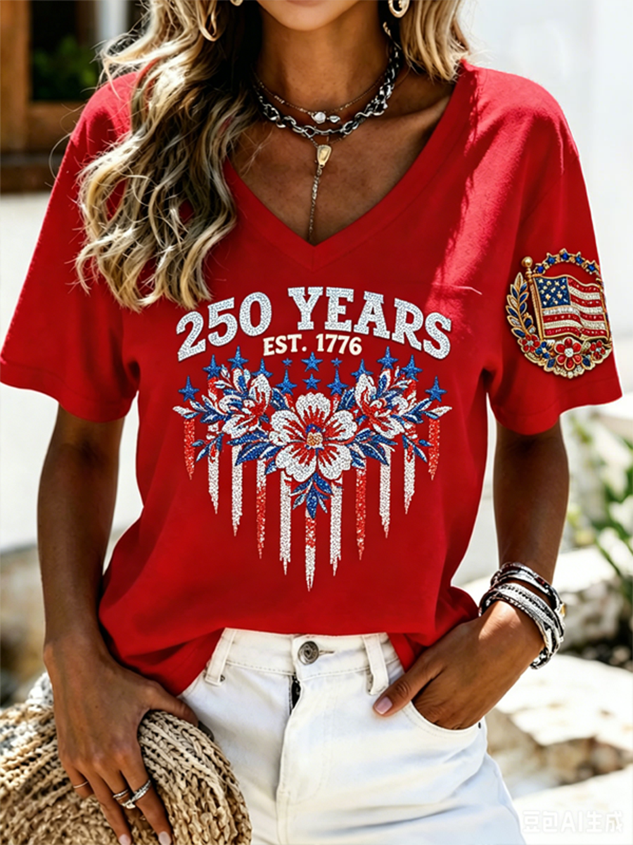 Women's 250 Years EST.1776 Floral American Flag V-Neck T-Shirt